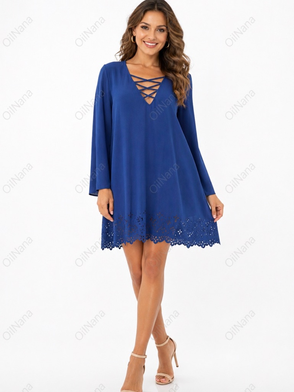 Xtraordinary Mini Dress Tunic Top Women Large Blue Criss Cross Neck Eyelet Trim